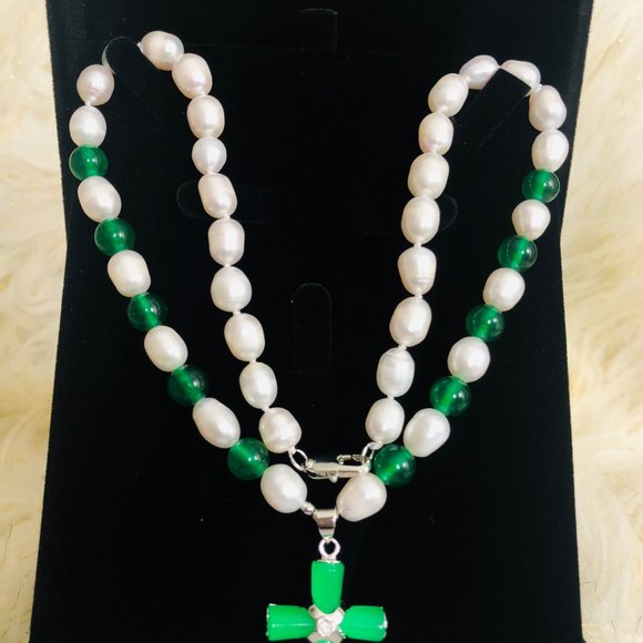 Freshwater Pearl Jade Cross Necklace - Picture 8 of 12